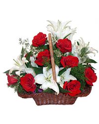 roses and lilies in a basket